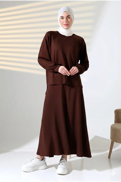 MetuCA Women's Brown Crew Neck Flowy Modal Fabric Tunic Skirt Two-Piece Set