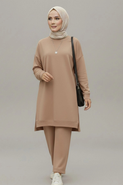 MetuCA Women's Beige Crew Neck Side Slit Tunic Pants Modal Fabric Two-Piece Set