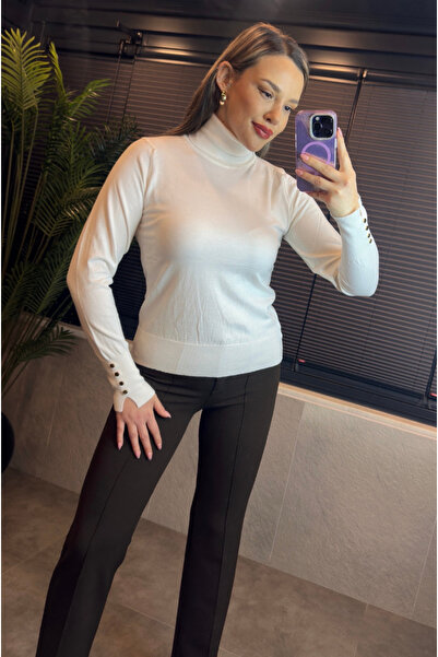 MİR STORE White Cufflink Detailed High-Neck Mercerized Sweater