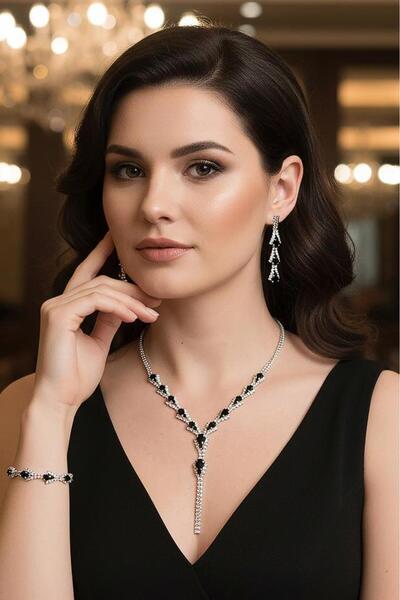 Valmont Siyah Damla Taşlı Taşlı 3’lü Kolye, Küpe ve Bileklik Seti - Düğün, Kı...