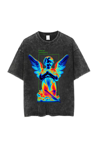Le Savu Washable Angel Printed Unisex Oversize Vintage T-Shirt