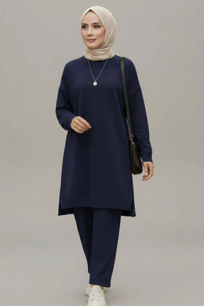 MetuCA Women's Navy Blue Crew Neck Side Slit Tunic Trousers Modal Fabric Two-...