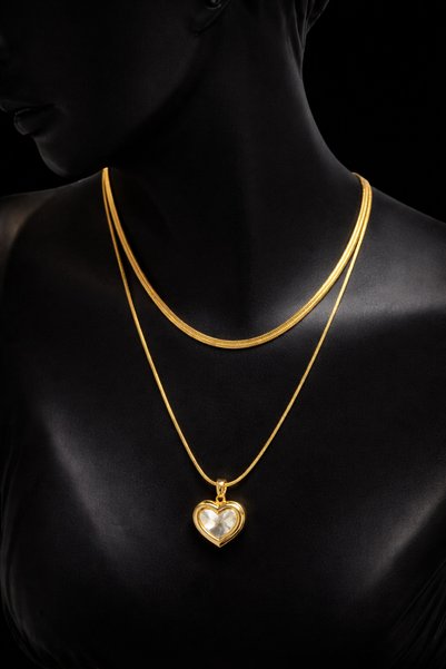 liore dünyası Steel Gold Color Double Chain Heart Necklace