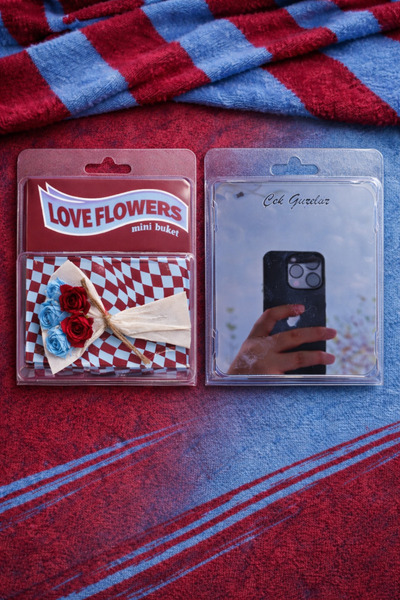 NPCQUN Bordo Mavi Tutku Temalı Aynalı Mini Buket – Kişiye Özel Hediye