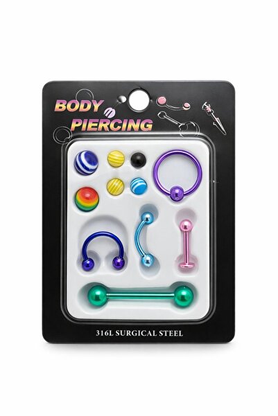 Beksy Accessory 316L Cerrahi Çelik Renkli Body Piercing Seti – Çoklu Model, A...