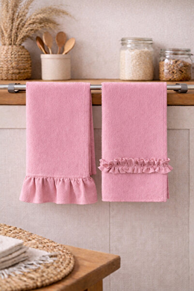 Mirilliahome Pink Linen Ruffled Kitchen Towel Set of 2 35X55 cm Natural Dryin...