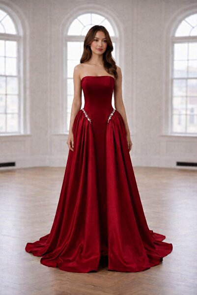 MODA Strapless Burgundy Stone Detailed Fishtail Evening Dress