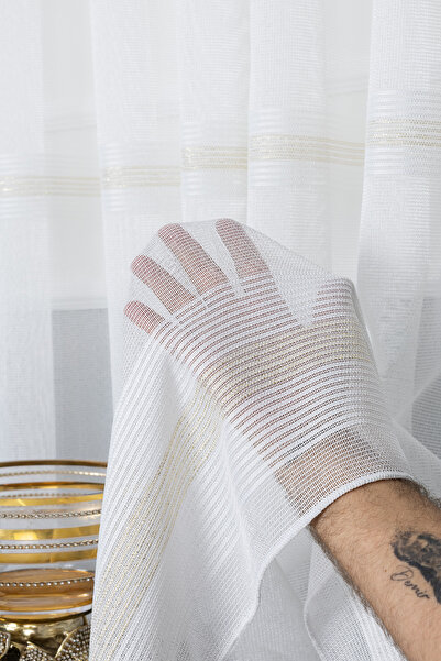 Assina Shor Gold Dökümlü 1/2,5 Orta Pileli Ütü İstemez Salon OdaTül Perde