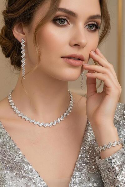 Valmont Çapraz Dizim Zirkon Taşlı 3’lü Kolye, Küpe ve Bileklik Seti - Düğün, ...