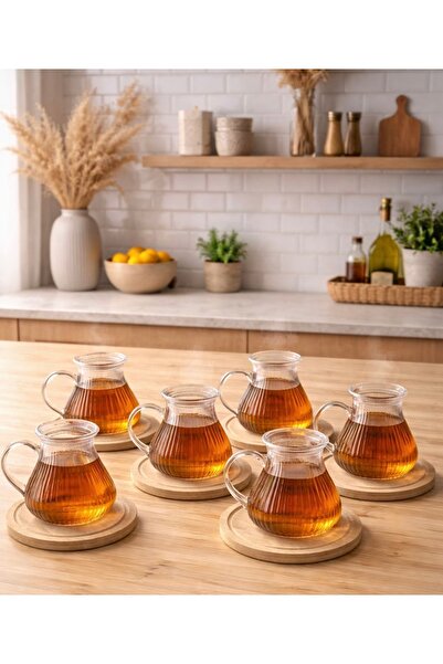 Pembelia Life 6’lı Bambu Tabaklı Çay Bardağı Takımı Bambu Çay Tabaklı Çay Bar...