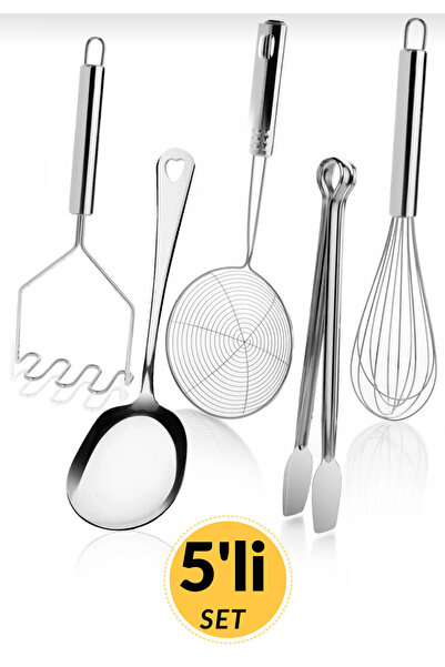 BRE HOME Paslanmaz Çelik 5’li Mutfak Seti – Ezici, Servis Kaşık, Tel Süzgeç, ...
