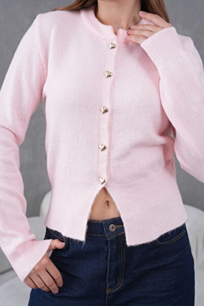 ROBAS Kadın Bisiklet Yaka Kalp Detaylı Triko Hırka