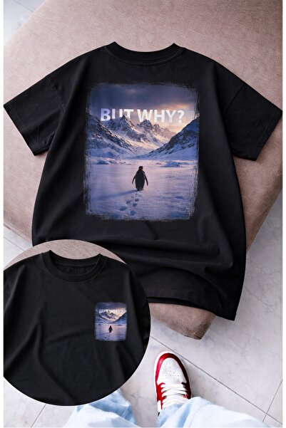 Fuddy Moda تي شيرت للجنسين But Why Yalnız Penguin Back مطبوع، تي شيرت قصة فضف...