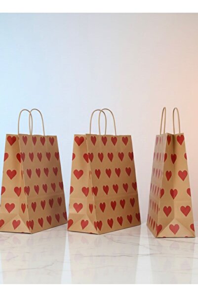 e Erta Kırmızı Kalp Desenli Kraft Çanta 25x31 Cm 5 Adet Hediye Poşeti, Hediye Paketi Kraft Kağıt Çanta