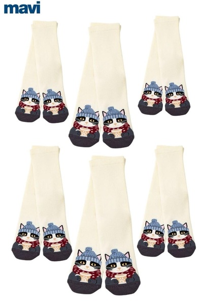 Mavi Kedi Baskılı (6 ADET) Ekru Soket Çorap