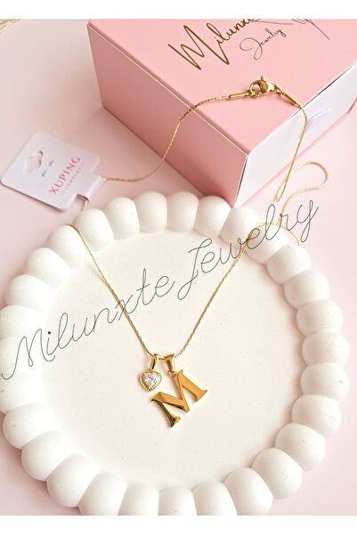 MİLUNXTE Xuping Kolye Kadın Gold Renk M Harfli Ve Kalpli Zirkon Taşlı Çelik K...