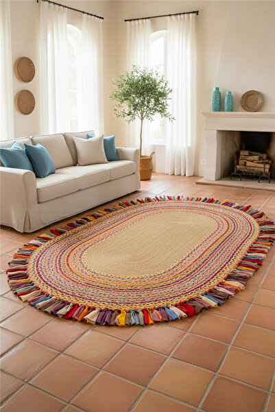 Çağ Halı Natural Saçaklı Otantik Oval Çift Taraflı Jüt Halı