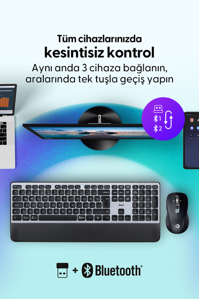 Daxi MK550 Pro Keys Comfort Combo Kablosuz Bluetooth Klavye Mouse Seti, Scissor-Switch Klavye, Türkçe Q