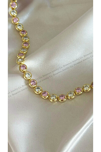 BESSENCE JEWELRY CO. Xuping 14K Gold Elegant Pink Yuvarlak Taşlı Çelik Bilekl...