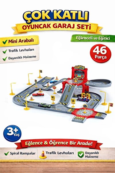 Realx Oyuncak Mega Garajlı Pist Otoparklı Şehir Hayatı Trafik Levhaları 46PCS...