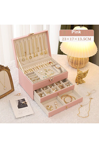 Choice صندوق مجوهرات فاخر متعدد الوظائف من جلد الصناعي، بثلاث طبقات، لون وردي...