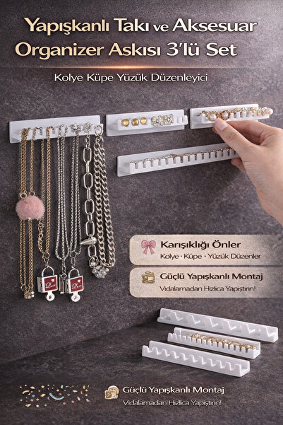 Hane Dostu Yapışkanlı Takı ve Aksesuar Organizer Askısı 3’lü Set (Kolye-Küpe-...