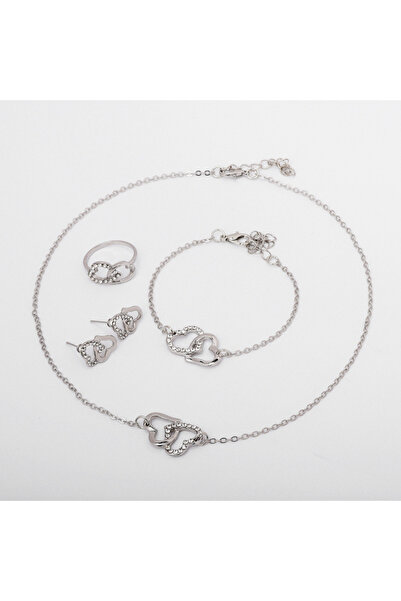 Choice طقم مجوهرات فضي أبيض مكون من 5 قطع، ذهبي اللون، على شكل قلب، يتضمن خات...