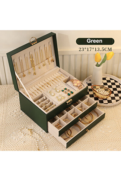 Choice صندوق مجوهرات فاخر متعدد الوظائف من جلد الصناعي، بثلاث طبقات، لون أخضر...