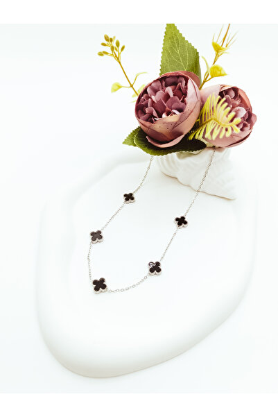StainlessStore Gümüş Rengi Siyah Yonca Figürlü Zarif Çelik Kolye