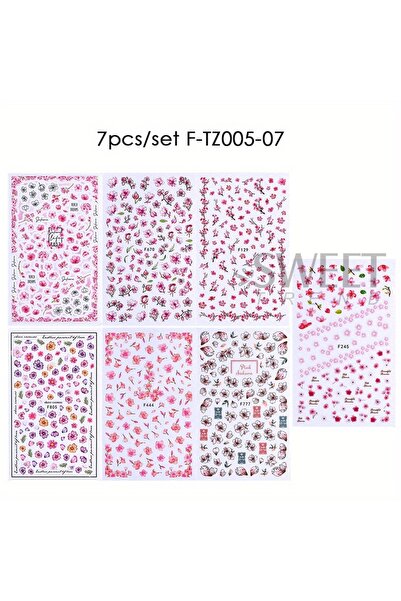 Choice F-TZ005-07 7 قطع ملصقات أظافر بتصميم أزهار الكرز الوردية، تصميم رومانس...