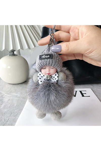 Choice Gray Sleeping Baby Keychain Cute Soft Fluffy Plush Doll Key Ring Women...