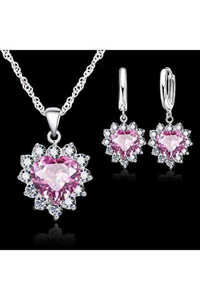 Choice مجموعة مجوهرات هدية للخطوبة والذكرى السنوية باللون الوردي من الفضة عيا...