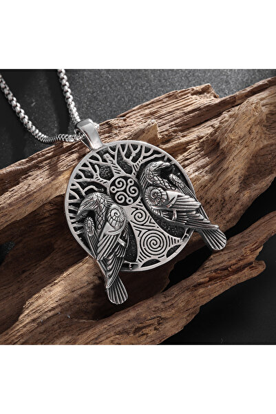 Choice AL20264-Silver Retro Punk Crow Tree of Life Medal Pendant Necklace Men...