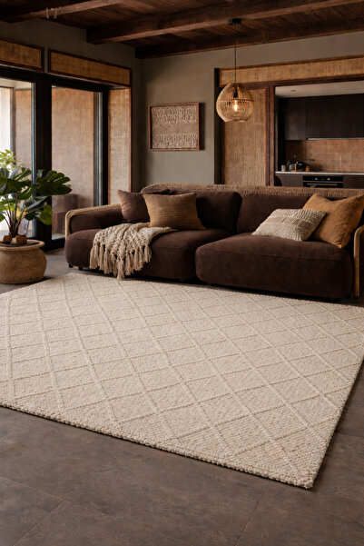 Vog Halı Emma El Dokuma Vizon Baklava Desenli İskandinav Örgü Dokulu Yünlü Ha...