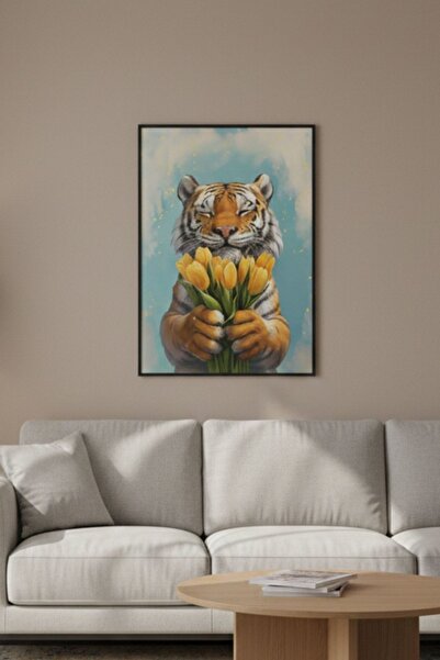Bolvyra Sarı Laleler Tutan Sevimli Kaplan Posteri | Modern Dekoratif Duvar Po...