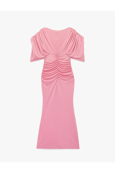 Koton Slim Fit Derin V Yaka Drapeli Yarasa Kol Uzun Abiye Elbise