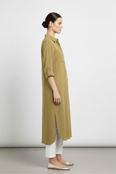Puane Women's Long Oversize Shirt with Buttons and Pockets -10764 - Khaki