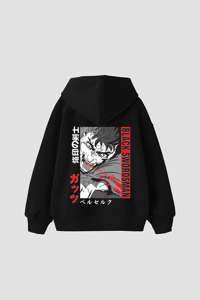 Sekizbiraltı Hanorac negru unisex supradimensionat cu imprimeu Black Swordsman
