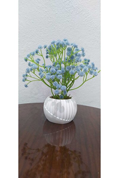 SAKLI ATÖLYEM Dekoratif Beyaz Seramik Vazo & Mavi Ponpon Yapay Çiçek Buketi –...