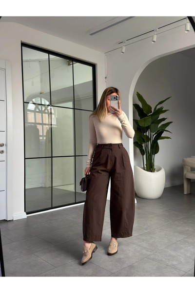 KÜBRA SÖYLEMEZ BOUTİQUE KAHVE TEK PİLELİ ŞALVAR PANTALON