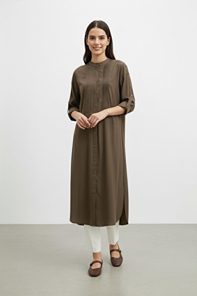 Puane Women's Long Sleeve High Collar Buttoned Pleated Detailed Long Tunic – ...