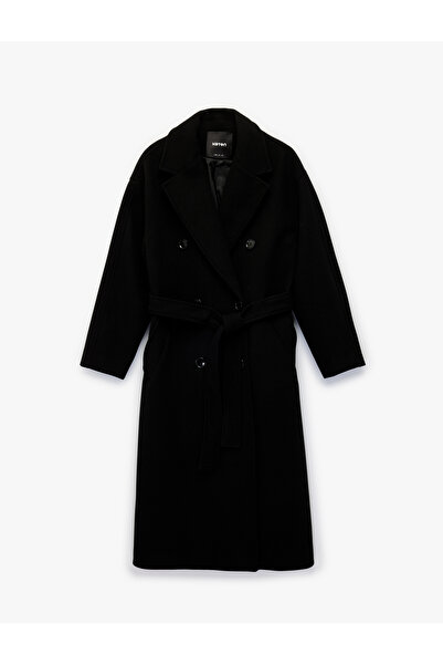 Koton Uzun Kollu Düğmeli Kruvaze Kemerli Kaşe Kaban