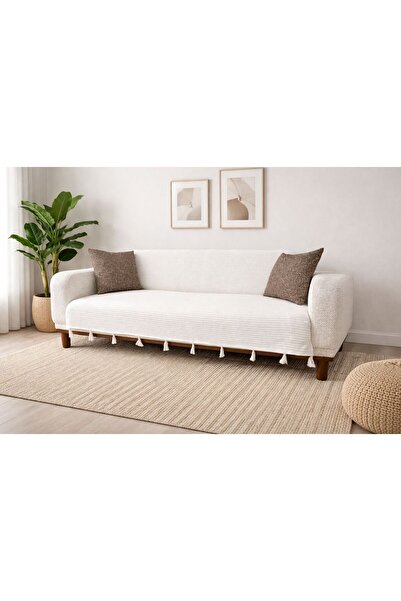 Doğa Tasseled Shawl Model Ecru Sofa Cover 170X230 |   100% Cotton Knitted, No...