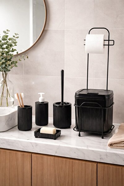 decorev Black Bathroom Accessory Set with Stand, Toilet Brush, Bath Bucket, S...