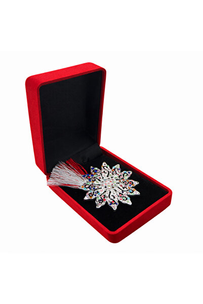 OEM Snowflake Brooch with Multicolored Rhinestones and Cord in Velvet Box