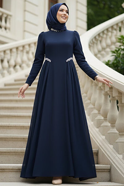 N.S NEVA STYLE Tailored Navy Blue Hijab Evening Dress 4868L