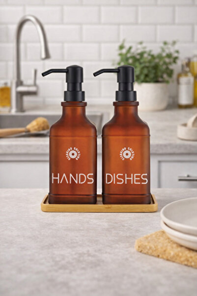 welcomein Amber Cam 2’li Sıvı Sabunluk Seti Bambulu Tepsili Bulaşık Deterjanı...