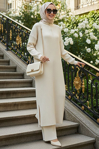 N.S NEVA STYLE Κεντητό Κρεμ Πλεκτό Σετ Τρικόμπλουζας Διπλό Σετ 17207KR