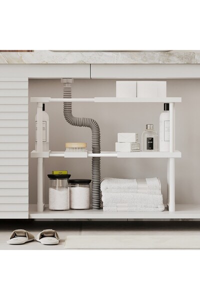 decorev رف منظم قابل للتعديل يوضع تحت الحوض في الخزانة