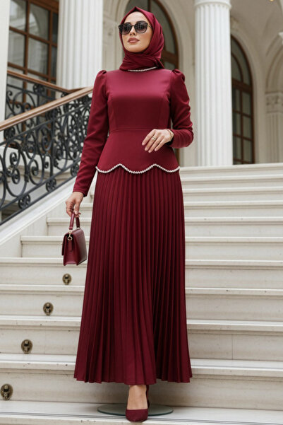 N.S NEVA STYLE Satin Burgundy Hijab Evening Dress 5462Br